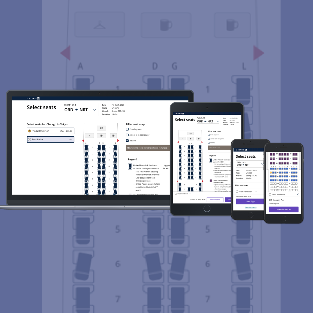 United Airlines seat map in laptop, tablet and mobile device mockups